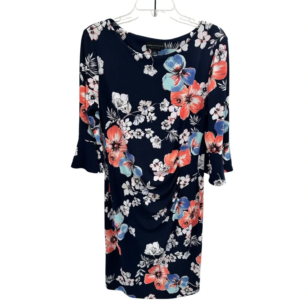 Connected Apparel Floral Bell Sleeve Faux Wrap Sheath‎ Dress Navy Coral 14